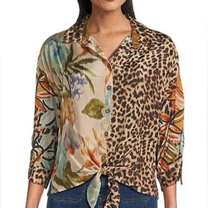 John Mark mixed animal print dolman cinched sleeve front toe blouse